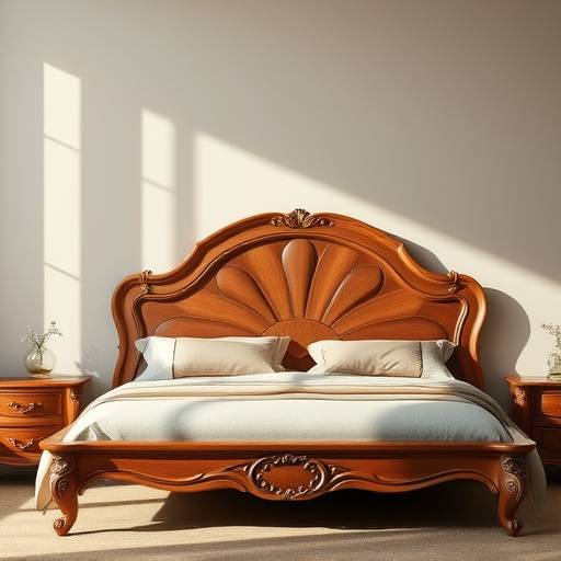 Cama de casal de madeira com cabeceira entalhada e design elegante