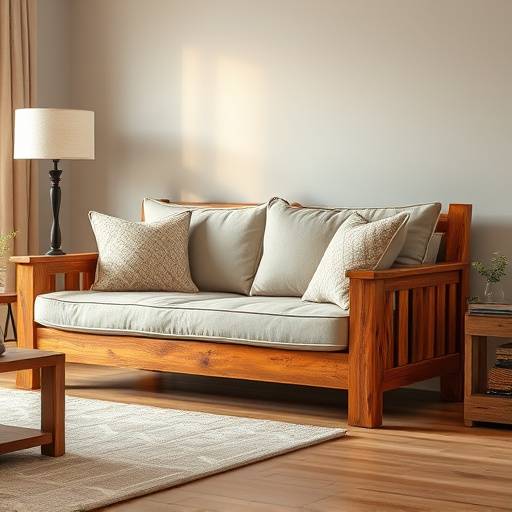 Sofá rüstico de madeira maciäa com almofadas confortáveis, ideal para sala de estar